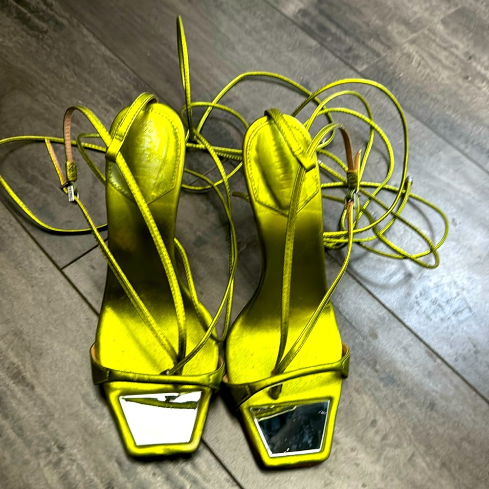 Beautiful lime, green, metallic sandal heels